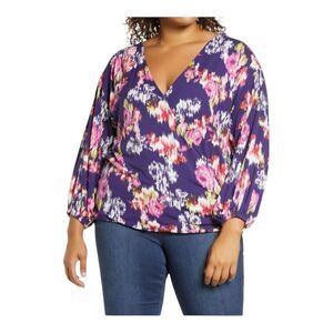 Loveappella Plus Size Surplice V-neck Wrap Front Floral Blouson Top Size 1X.‎